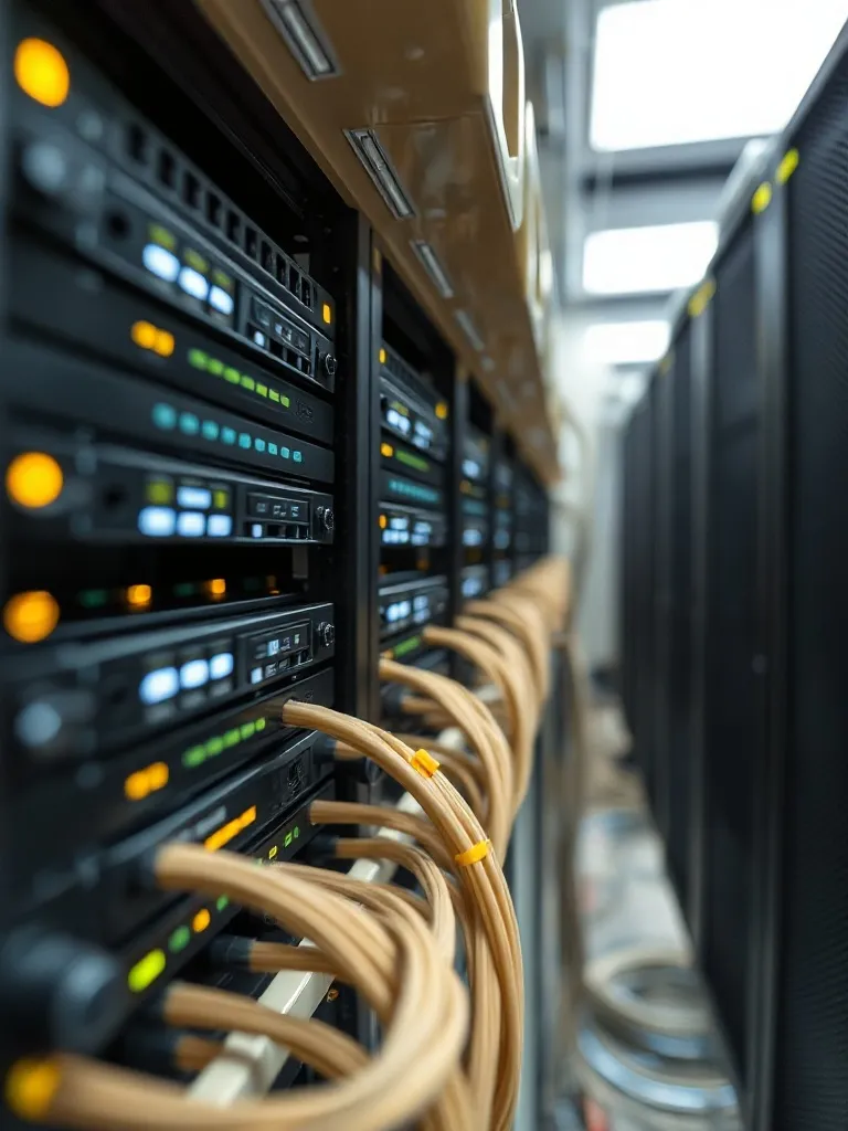 Detailed technical macro shot of a server rack with blinking