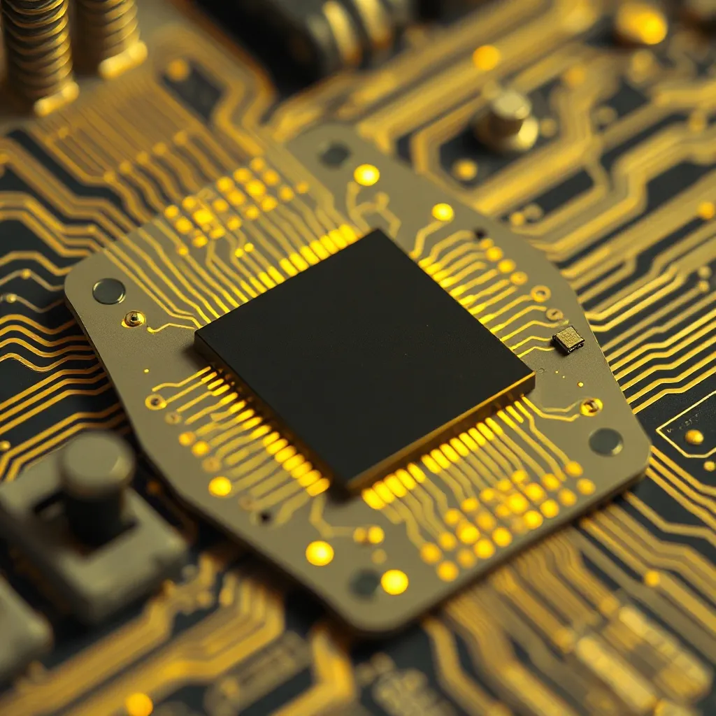 Close-up of a high-tech processor with glowing data lines, a
